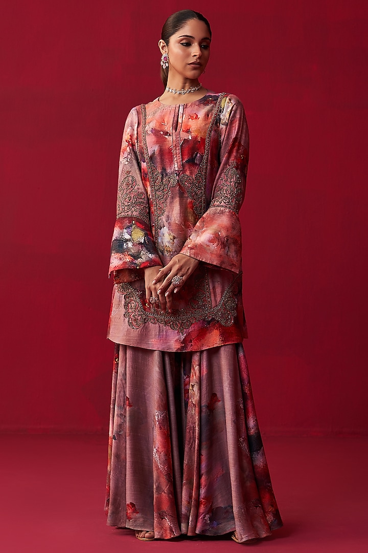 Pink Cotton Silk Printed Sharara Set by Adaara Couture