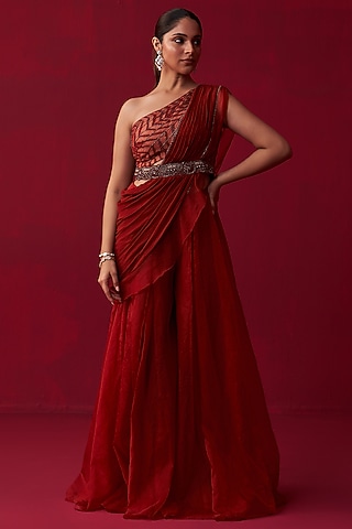 Red Organza Palazzo Pant Set by Adaara Couture