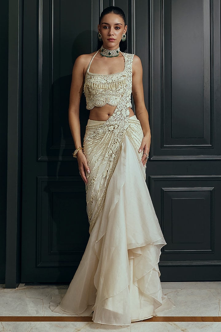 Ivory Satin Organza Embellished Reception Lehenga Saree Set by Adaara Couture at Pernia's Pop Up Shop