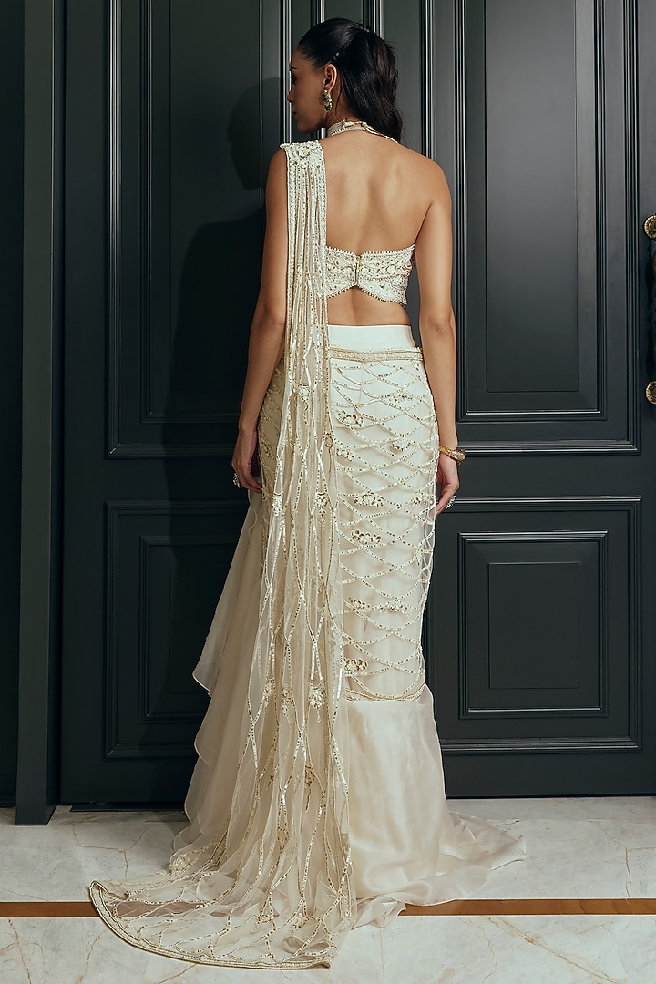 Ivory Satin Organza Embellished Reception Lehenga Saree Set by Adaara Couture at Pernia's Pop Up Shop