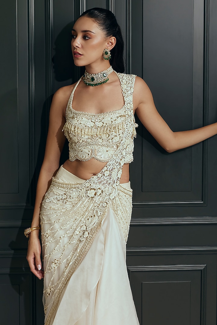 Ivory Satin Organza Embellished Reception Lehenga Saree Set by Adaara Couture at Pernia's Pop Up Shop