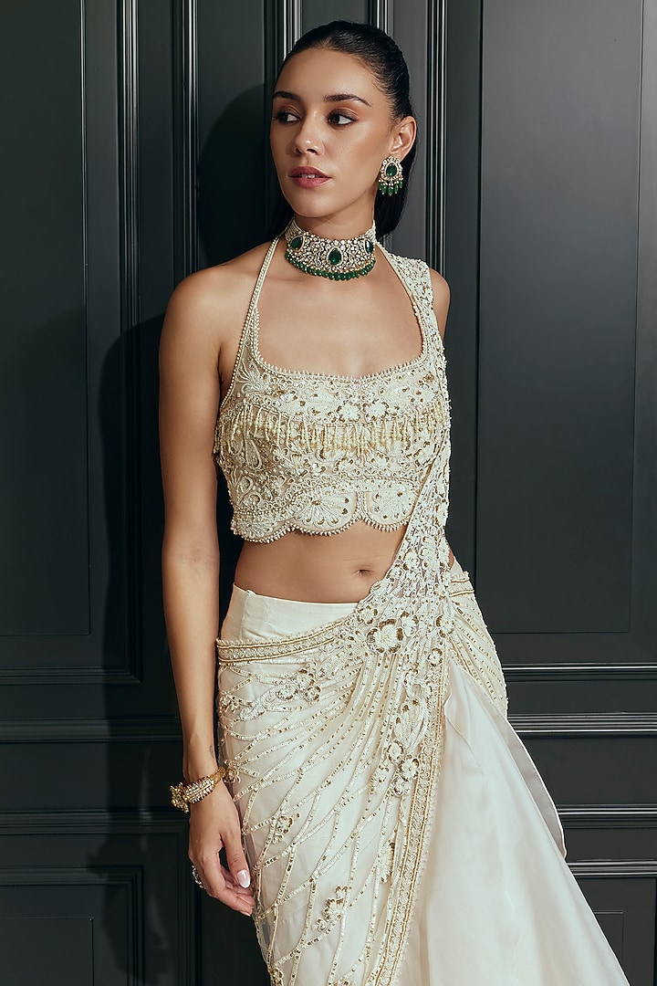 Ivory Satin Organza Embellished Reception Lehenga Saree Set by Adaara Couture at Pernia's Pop Up Shop
