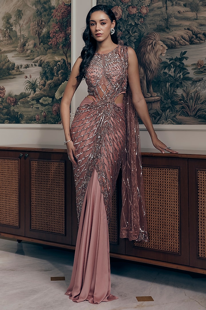 Dusty Rose Blush Net & Satin Crystal Embellished Reception Saree Set by Adaara Couture at Pernia's Pop Up Shop