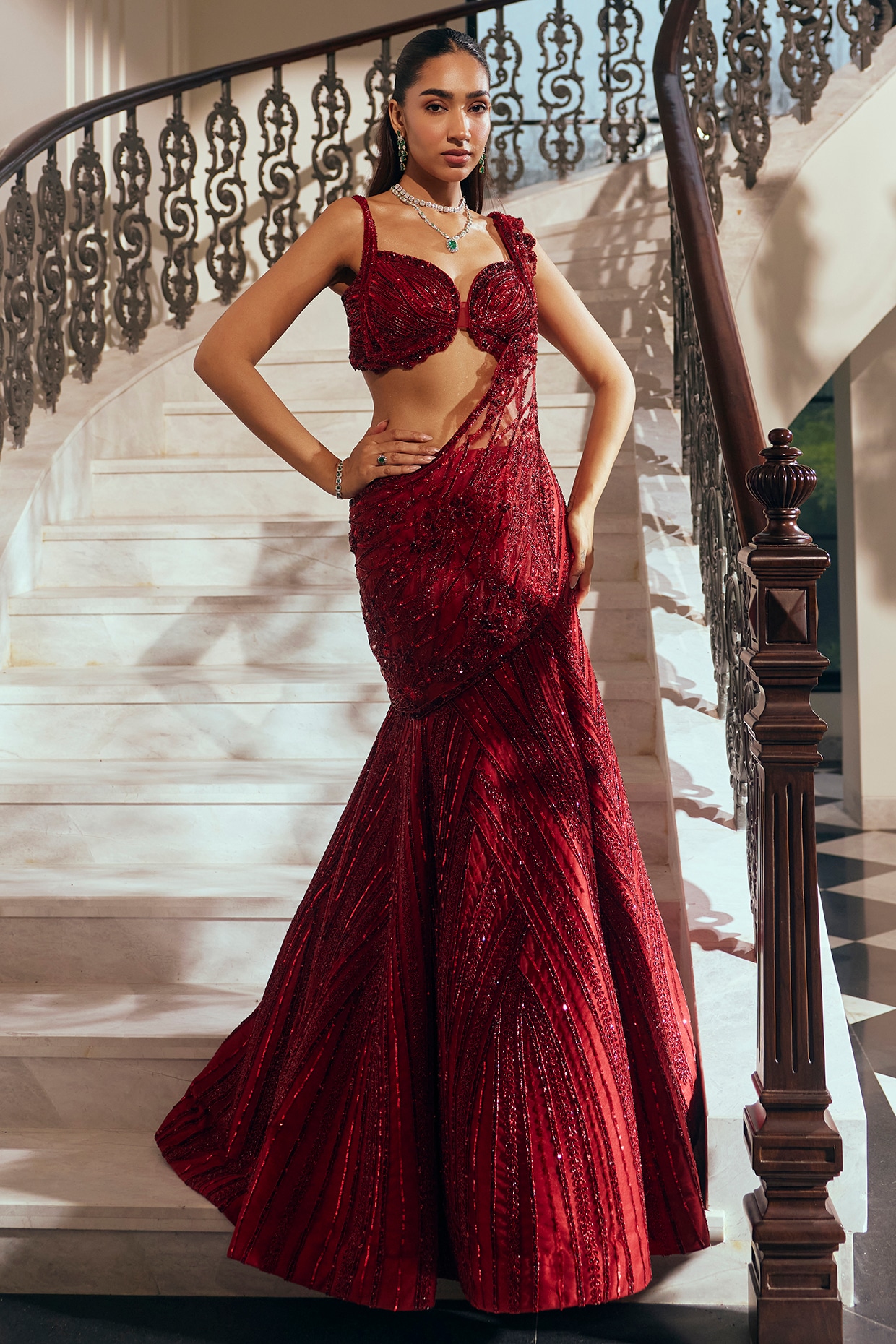 Adaara Couture Garnet Crimson Net & Satin Sequin Embellished Lehenga Saree Set
