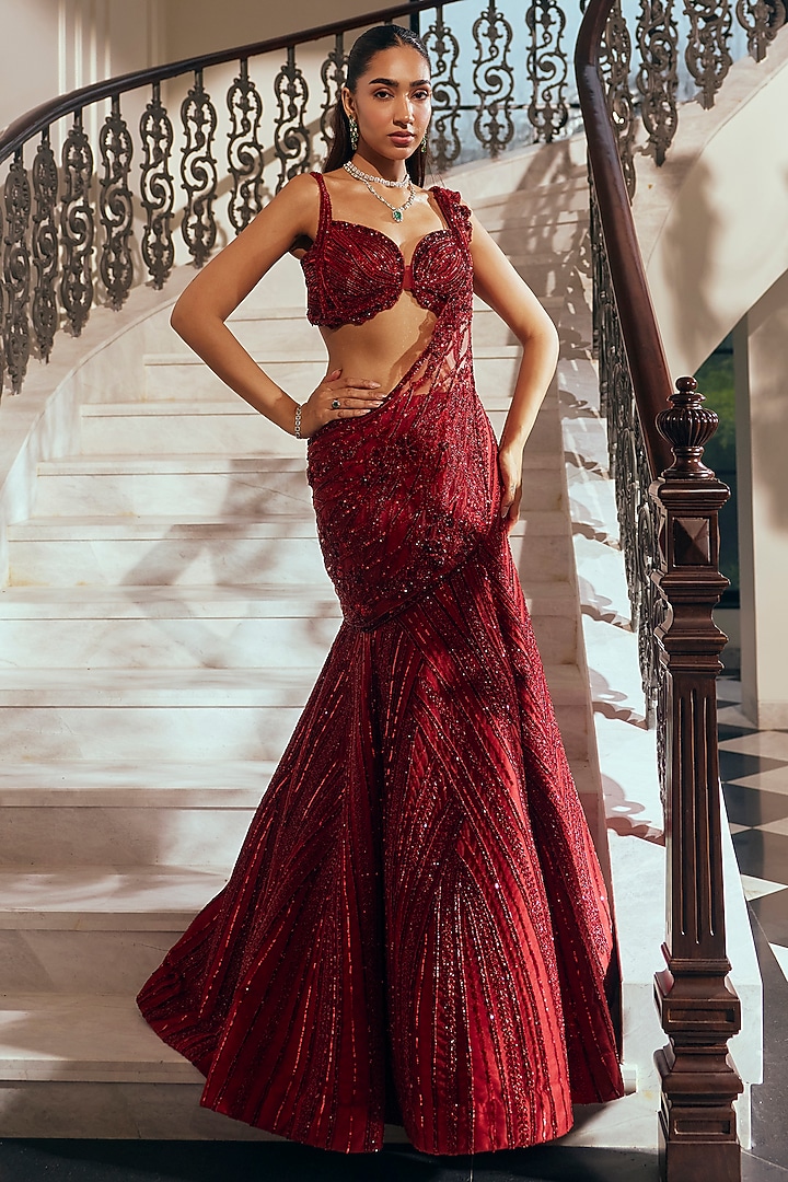 Garnet Crimson Net & Satin Sequin Embellished Reception Lehenga Saree Set by Adaara Couture at Pernia's Pop Up Shop