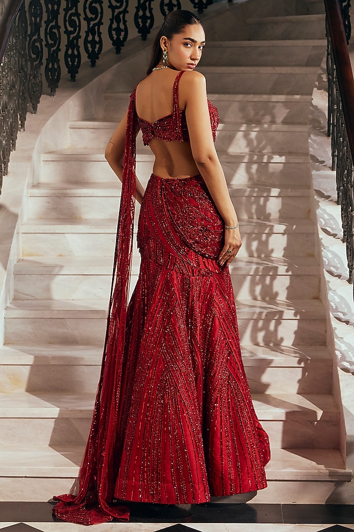 Garnet Crimson Net & Satin Sequin Embellished Reception Lehenga Saree Set by Adaara Couture at Pernia's Pop Up Shop