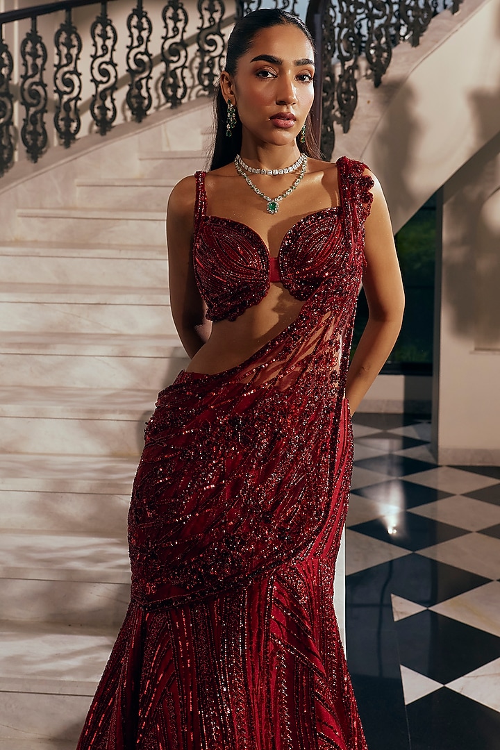 Garnet Crimson Net & Satin Sequin Embellished Reception Lehenga Saree Set by Adaara Couture at Pernia's Pop Up Shop