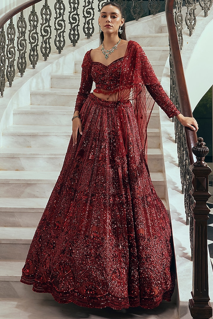 Garnet Crimson Bamberg Silk Sequin Embellished Draped Bridal Lehenga Set by Adaara Couture at Pernia's Pop Up Shop