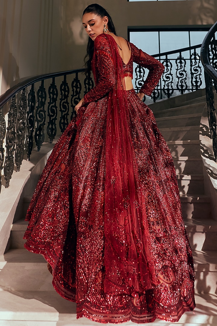 Garnet Crimson Bamberg Silk Sequin Embellished Draped Bridal Lehenga Set by Adaara Couture at Pernia's Pop Up Shop
