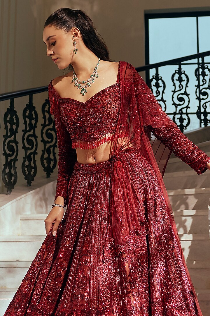 Garnet Crimson Bamberg Silk Sequin Embellished Draped Bridal Lehenga Set by Adaara Couture at Pernia's Pop Up Shop