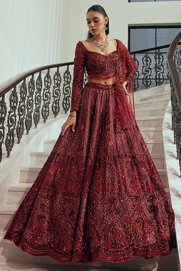 Garnet Crimson Bamberg Silk Sequin Embellished Draped Bridal Lehenga Set by Adaara Couture at Pernia's Pop Up Shop