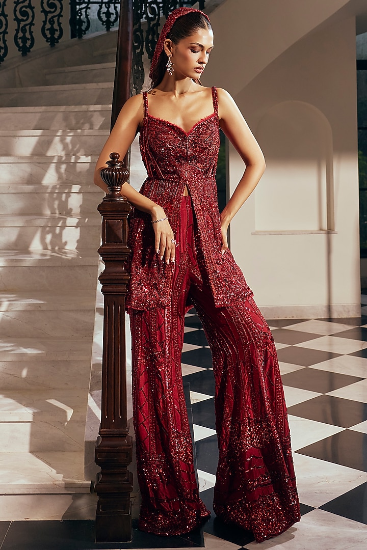 Garnet Crimson Bamberg Silk Sequin Work Bridal Sharara Set by Adaara Couture at Pernia's Pop Up Shop