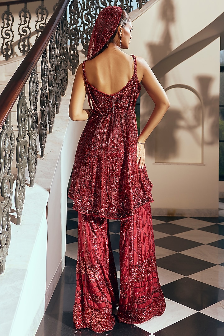 Garnet Crimson Bamberg Silk Sequin Work Bridal Sharara Set by Adaara Couture at Pernia's Pop Up Shop