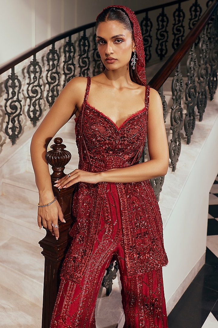 Garnet Crimson Bamberg Silk Sequin Work Bridal Sharara Set by Adaara Couture at Pernia's Pop Up Shop