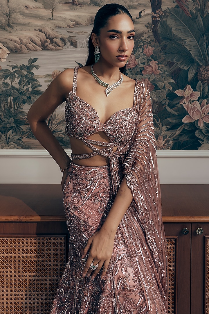 Antique Rose Bamberg Silk Crystal Work Mermaid Skirt Set by Adaara Couture at Pernia's Pop Up Shop