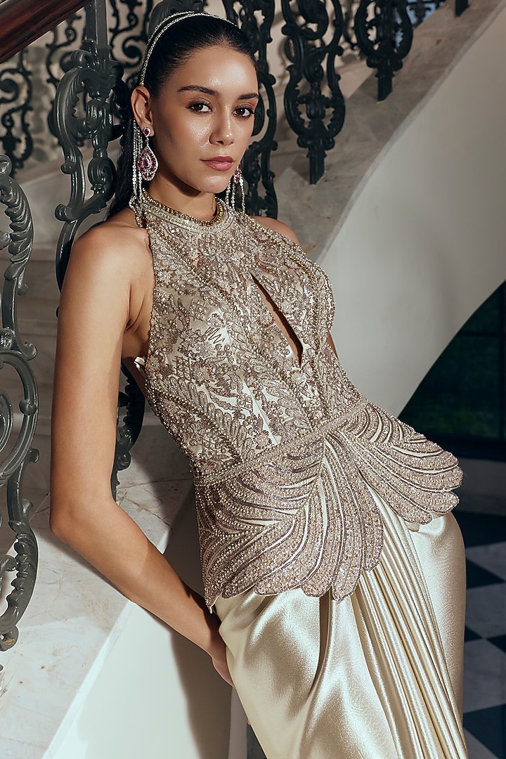 Champagne Gold Silk Satin Pleated Skirt Set by Adaara Couture at Pernia's Pop Up Shop