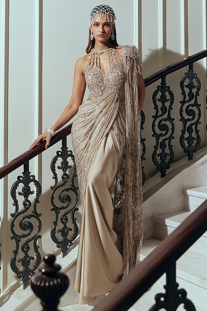Champagne Gold Net & Satin Crystal Embellished Reception Gown Saree by Adaara Couture at Pernia's Pop Up Shop