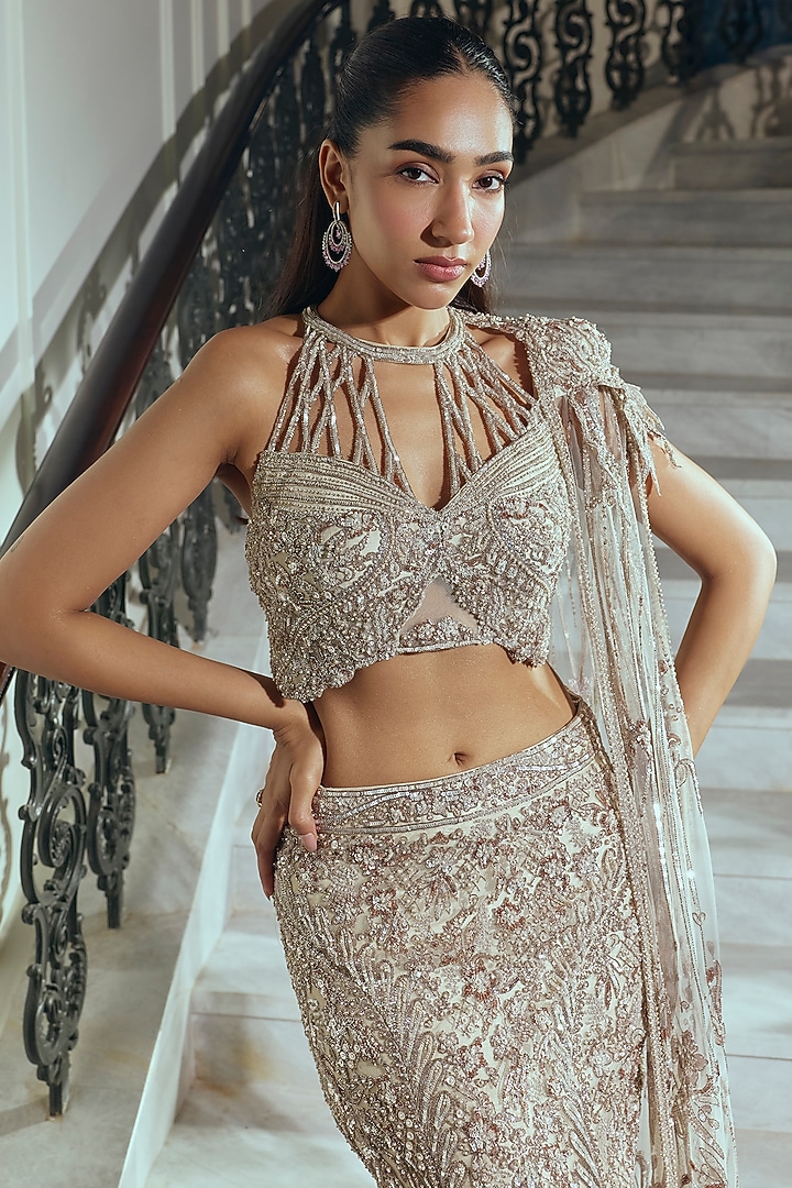 Champagne Gold Net & Bamberg Silk Crystal Embellished Mermaid Skirt Set by Adaara Couture at Pernia's Pop Up Shop
