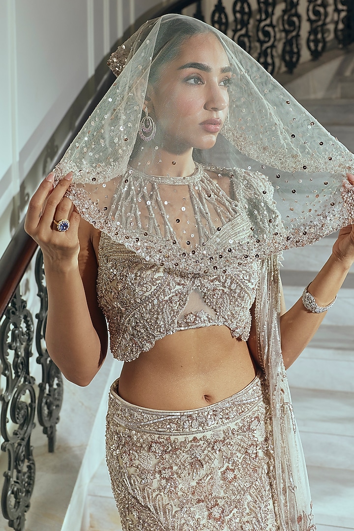 Champagne Gold Net & Bamberg Silk Crystal Embellished Mermaid Skirt Set by Adaara Couture at Pernia's Pop Up Shop