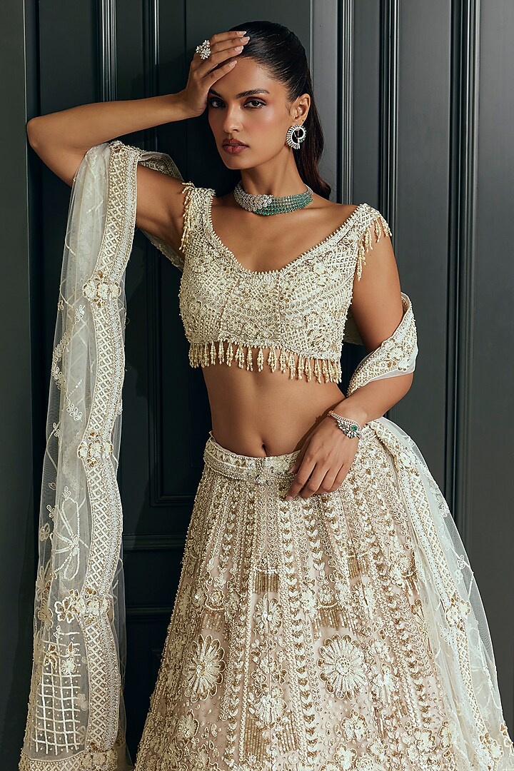 Ivory Bamberg Silk Embellished Bridal Lehenga Set by Adaara Couture at Pernia's Pop Up Shop