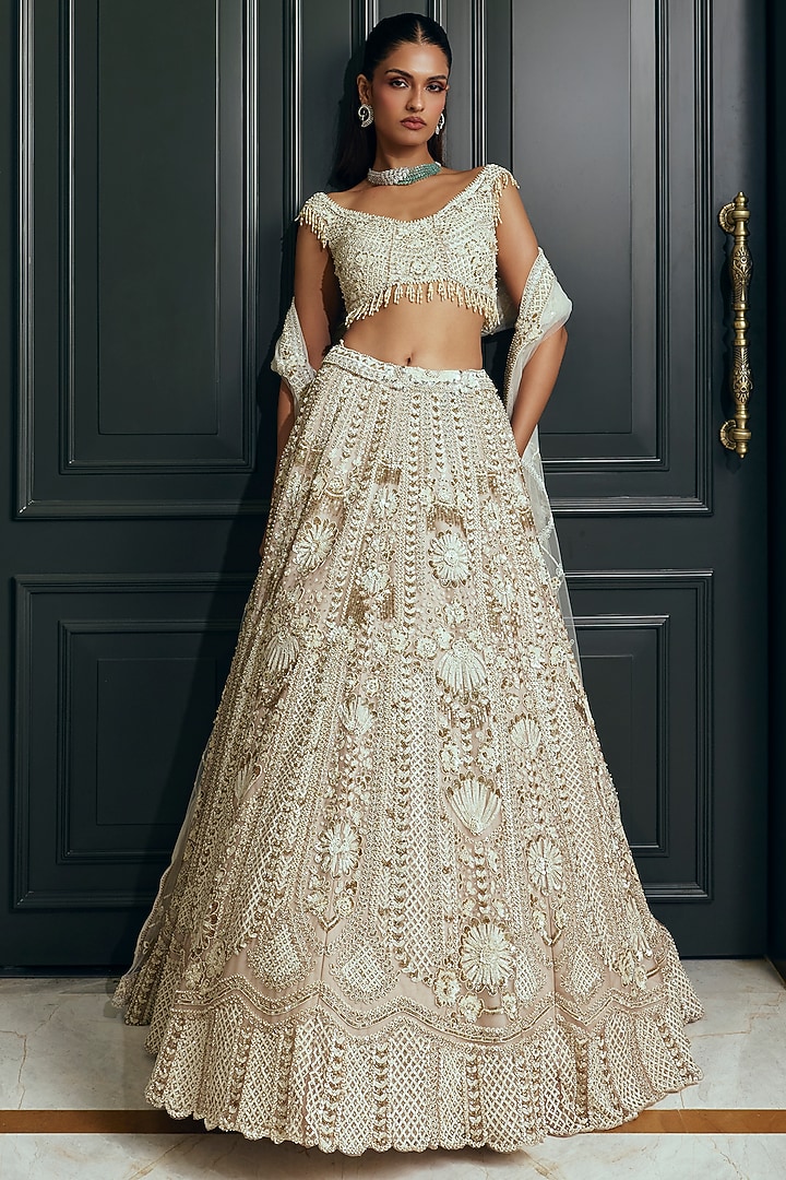 Ivory Bamberg Silk Embellished Bridal Lehenga Set by Adaara Couture at Pernia's Pop Up Shop