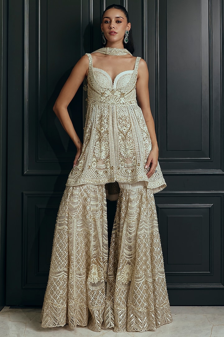 Ivory Bamberg Silk Embroidered Bridal Sharara Set by Adaara Couture at Pernia's Pop Up Shop