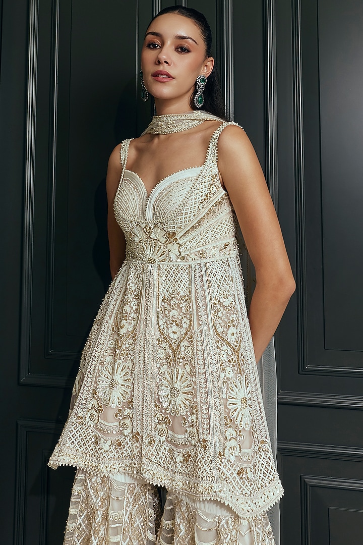 Ivory Bamberg Silk Embroidered Bridal Sharara Set by Adaara Couture at Pernia's Pop Up Shop
