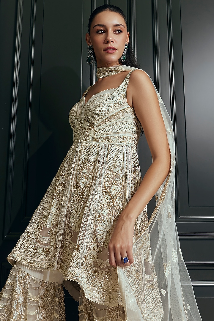 Ivory Bamberg Silk Embroidered Bridal Sharara Set by Adaara Couture at Pernia's Pop Up Shop