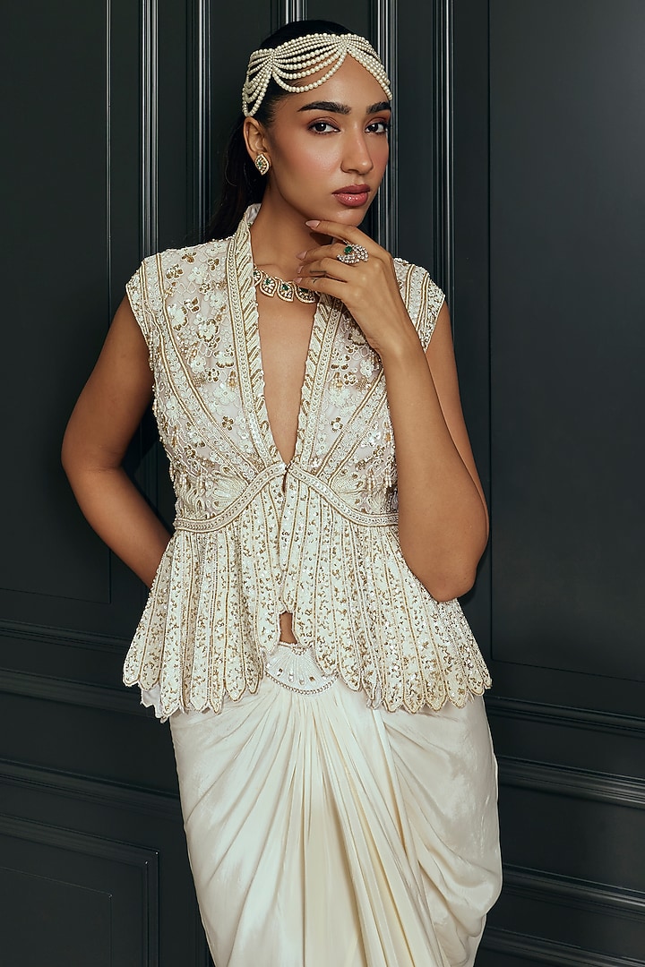 Ivory Russian Silk Draped Skirt Set by Adaara Couture at Pernia's Pop Up Shop