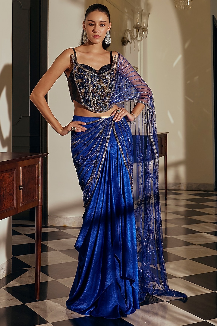 Royal Blue Net & Raw Silk Embroidered Drape Skirt Set by Adaara Couture at Pernia's Pop Up Shop