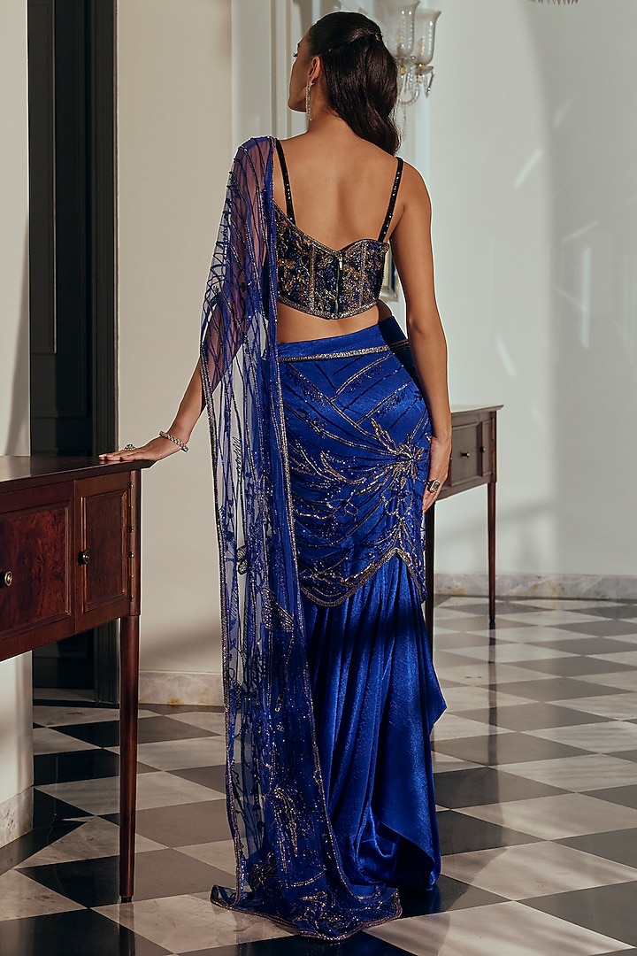 Royal Blue Net & Raw Silk Embroidered Drape Skirt Set by Adaara Couture at Pernia's Pop Up Shop