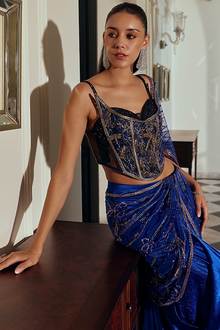 Royal Blue Net & Raw Silk Embroidered Drape Skirt Set by Adaara Couture at Pernia's Pop Up Shop