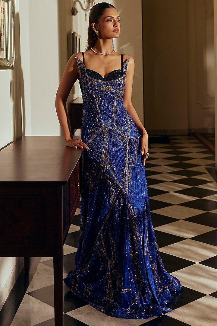 Royal Blue Net & Satin Sequin Embroidered Bridal Gown by Adaara Couture at Pernia's Pop Up Shop