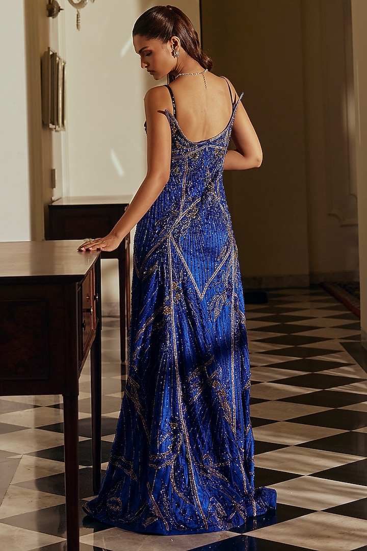 Royal Blue Net & Satin Sequin Embroidered Bridal Gown by Adaara Couture at Pernia's Pop Up Shop