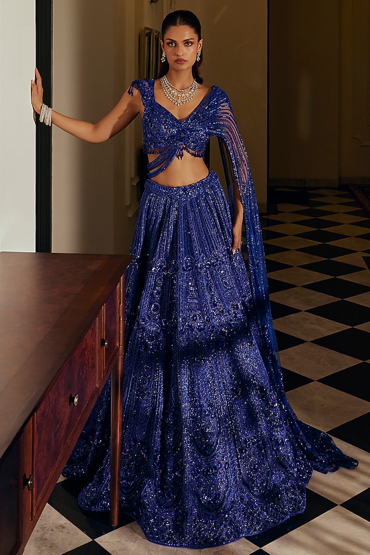 Royal Blue Net Sequin Embellished Bridal Lehenga Set by Adaara Couture at Pernia's Pop Up Shop