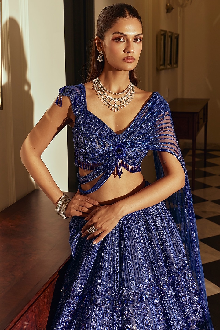 Royal Blue Net Sequin Embellished Bridal Lehenga Set by Adaara Couture at Pernia's Pop Up Shop