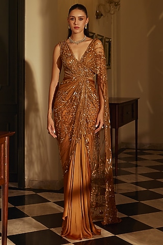 Gold Satin Georgette Sequin Embroidered Gown Saree by adaara couture