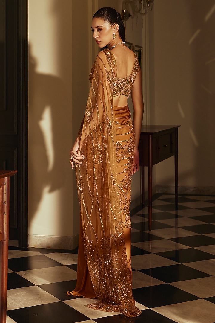 Gold Satin Georgette Sequin Embroidered Reception Gown Saree by Adaara Couture at Pernia's Pop Up Shop