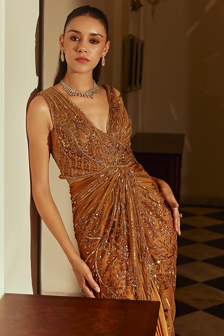 Gold Satin Georgette Sequin Embroidered Reception Gown Saree by Adaara Couture at Pernia's Pop Up Shop
