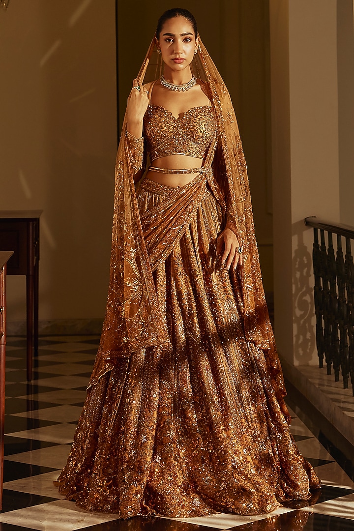 Gold Net & Bamberg Silk Sequin Embroidered Bridal Lehenga Set by Adaara Couture at Pernia's Pop Up Shop
