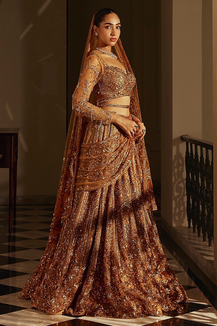 Gold Net & Bamberg Silk Sequin Embroidered Bridal Lehenga Set by Adaara Couture at Pernia's Pop Up Shop