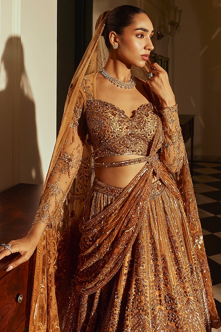 Gold Net & Bamberg Silk Sequin Embroidered Bridal Lehenga Set by Adaara Couture at Pernia's Pop Up Shop