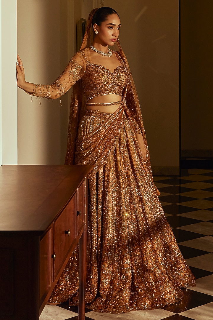Gold Net & Bamberg Silk Sequin Embroidered Bridal Lehenga Set by Adaara Couture at Pernia's Pop Up Shop