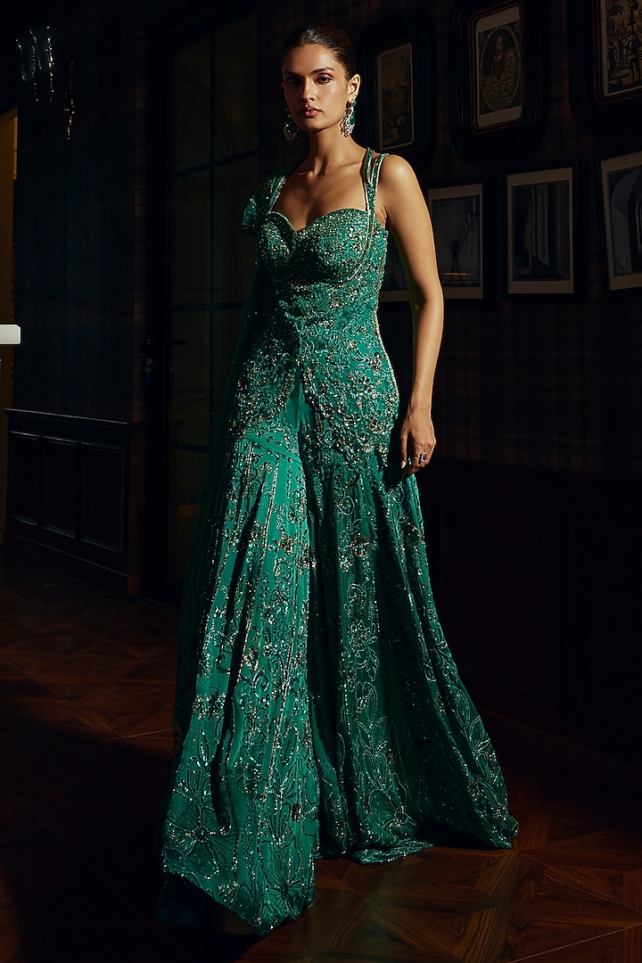 Green Satin Georgette Sequin Embellished Bridal Sharara Set by Adaara Couture at Pernia's Pop Up Shop