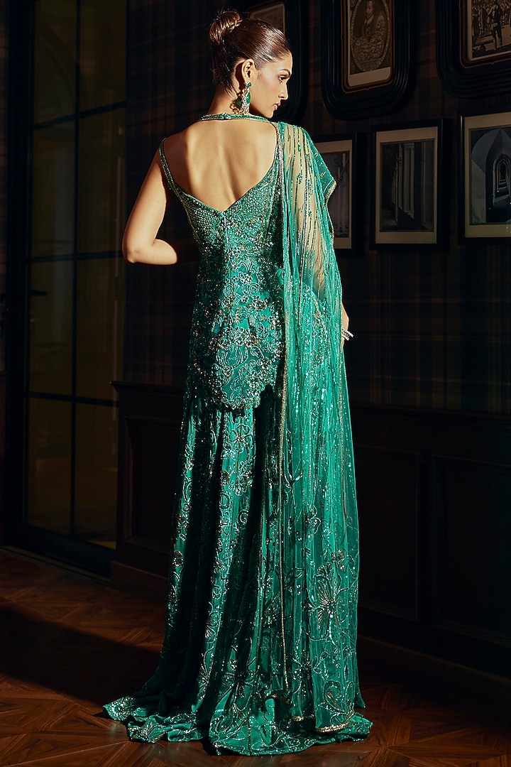 Green Satin Georgette Sequin Embellished Bridal Sharara Set by Adaara Couture at Pernia's Pop Up Shop