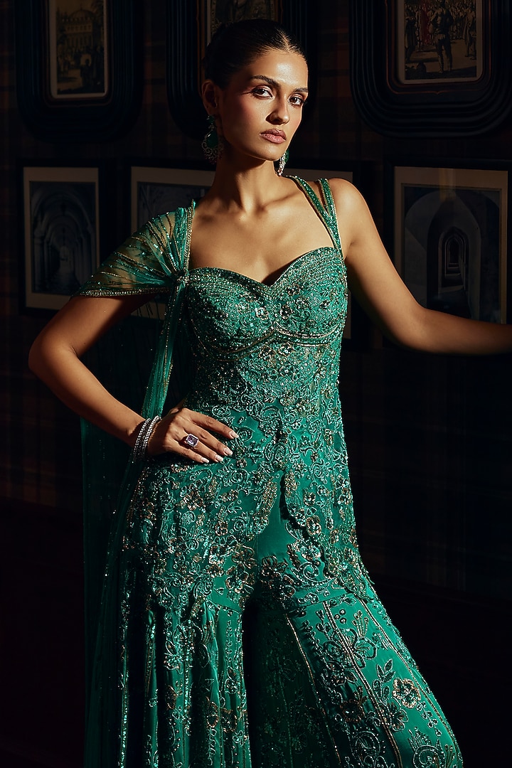Green Satin Georgette Sequin Embellished Bridal Sharara Set by Adaara Couture at Pernia's Pop Up Shop