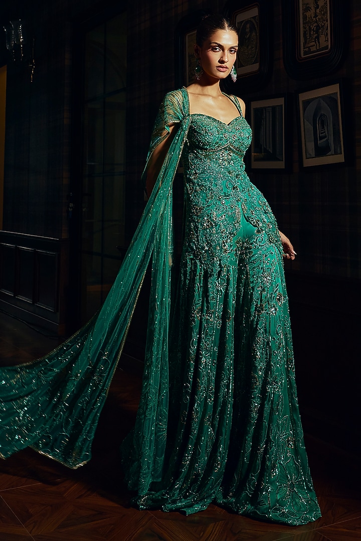 Green Satin Georgette Sequin Embellished Bridal Sharara Set by Adaara Couture at Pernia's Pop Up Shop