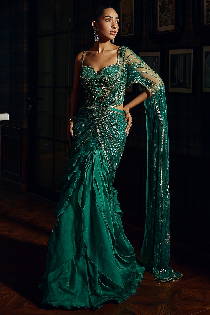 Emerald Green Satin Organza Sequin Embellished Reception Gown Saree by Adaara Couture at Pernia's Pop Up Shop