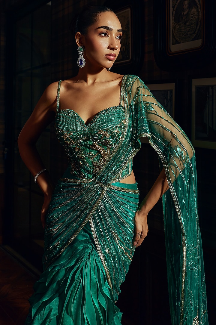 Emerald Green Satin Organza Sequin Embellished Reception Gown Saree by Adaara Couture at Pernia's Pop Up Shop