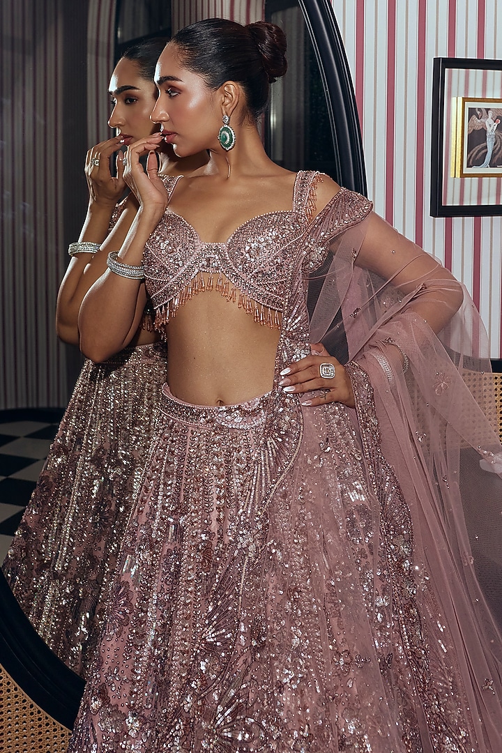 Dusty Mauve Net & Bamberg Silk Sequin Floral Embroidered Bridal Lehenga Set by Adaara Couture at Pernia's Pop Up Shop